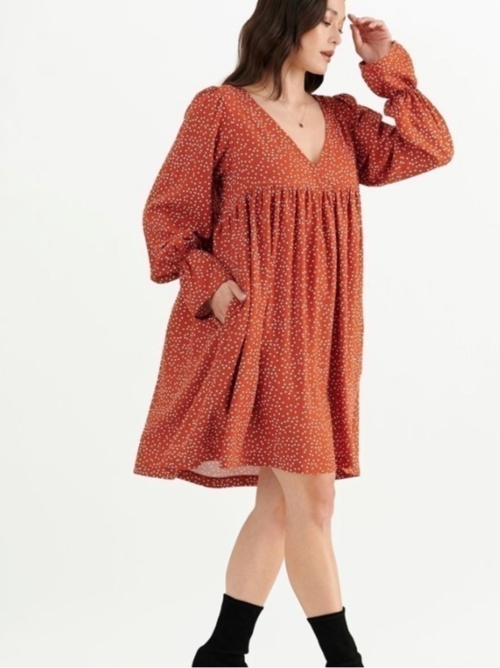 Emma Host Pick Knudsen Navy Polka Dot V-Neck Long Sleeve Babydoll Mini Dress